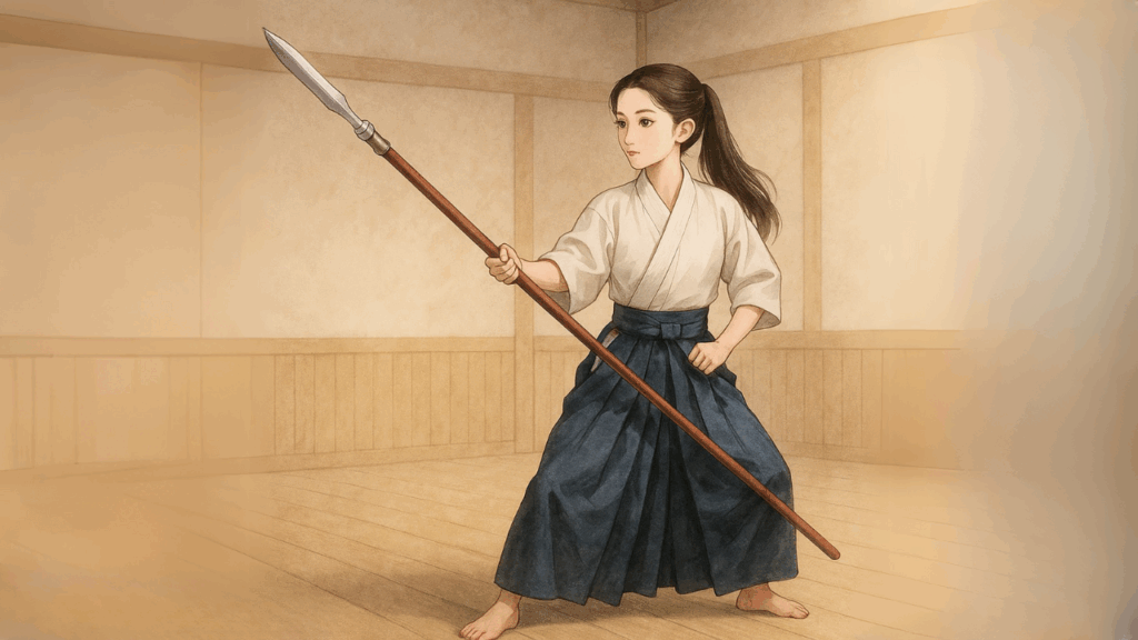 槍の稽古をする綾姫